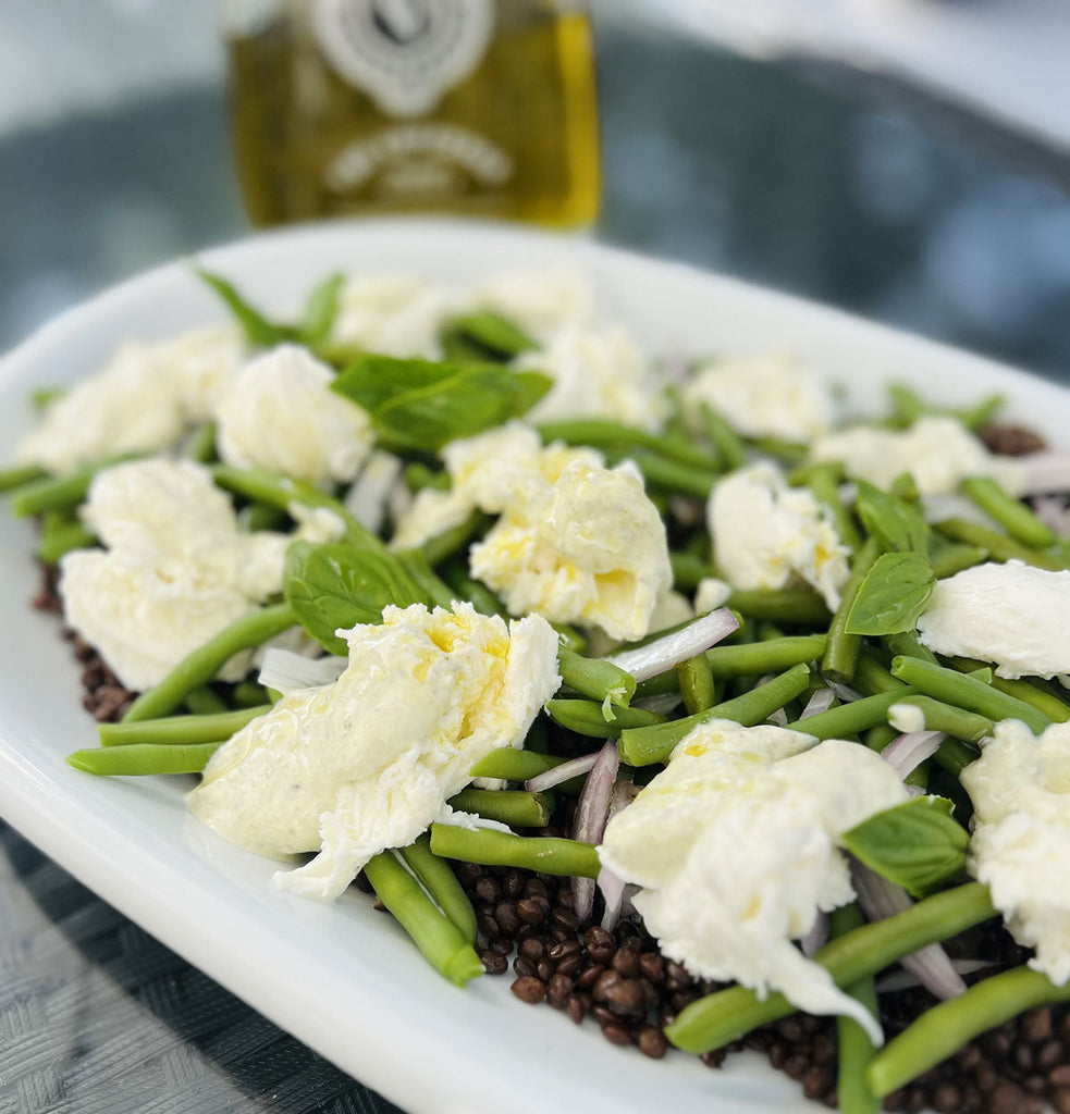 Green Bean, Lentil & Mozzarella Salad with Pesto Yoghurt Dressing
