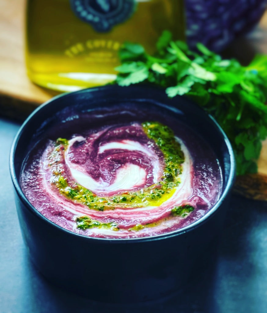 Red cabbage and fennel soup with kefir and spicy ‘Zhoug'