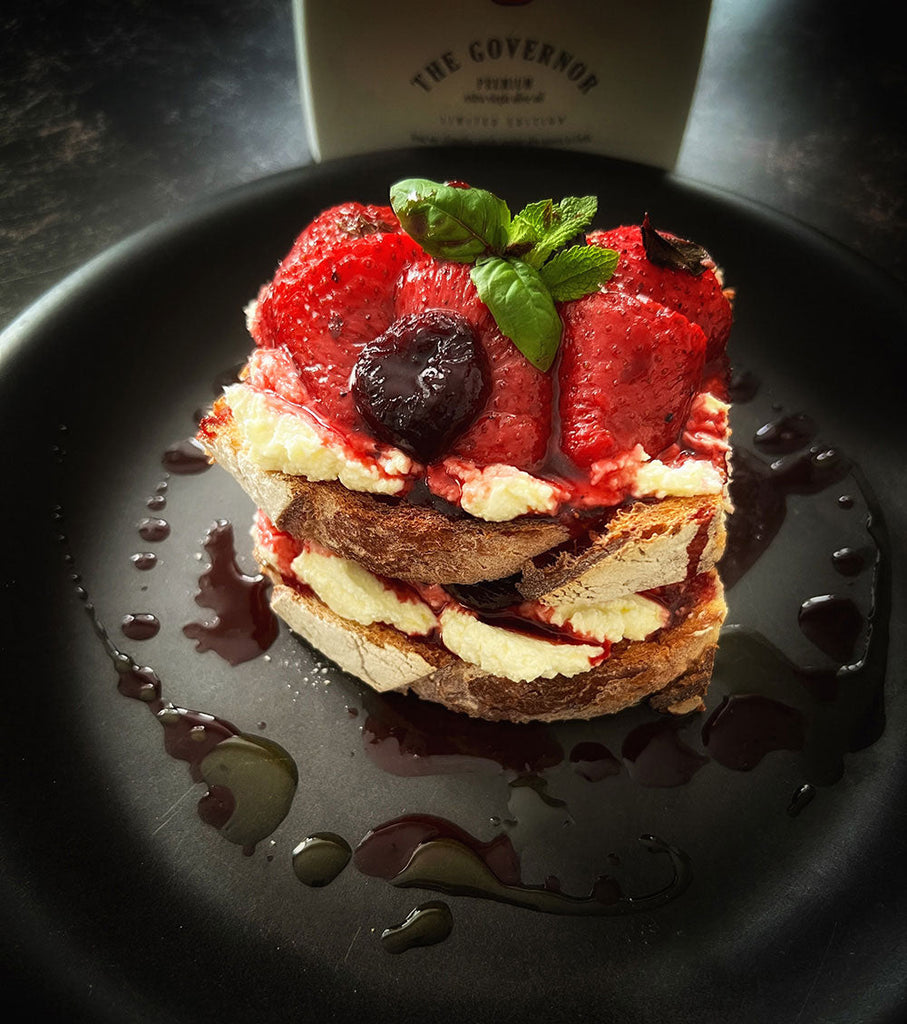 Whipped Feta with Roasted Sumac Strawberries and Cherries on Sourdough